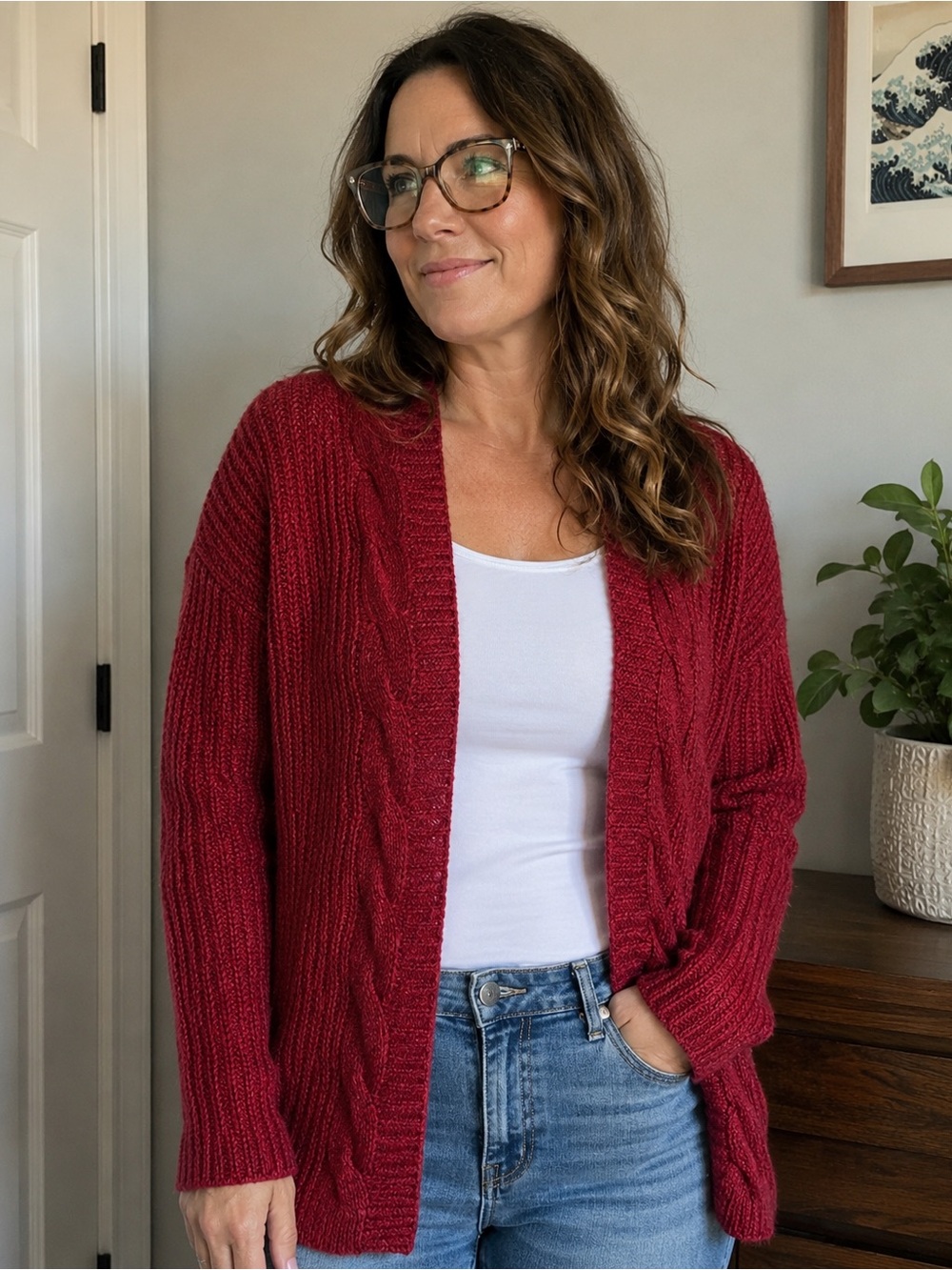 Maurices | Open-Front Cable Knit Cardigan | Size M | EUC | Dreamy Soft | Red